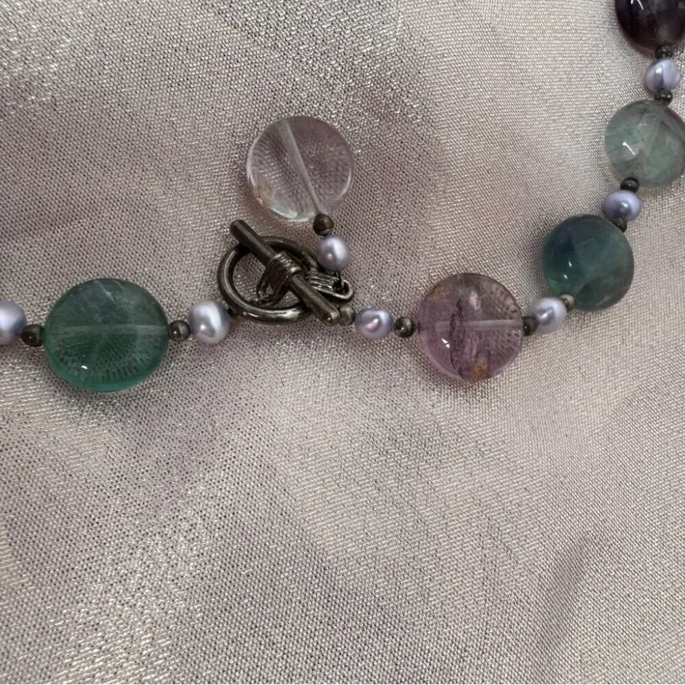 Fluorite necklace toggle beaded purple green blue crystal geode rock luxe
